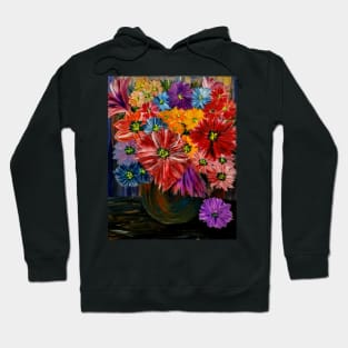 So a lovely color combination in this bouquet of flowers in a metallic silver and purple and turquoise blend vase . Hoodie